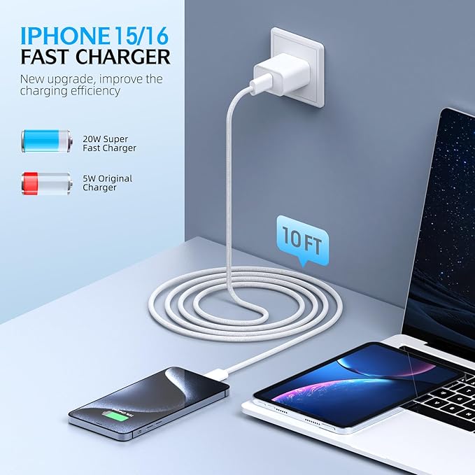 Fast Charging iPhone 16 Pro Charger,2-Pack 10 FT Long USB C Charger Woven Cable with 20W USBC Fast Charger for iPhone 16e/16 Pro/16 Pro max/16 Plus/16/iPhone 15/15 Pro/15 Pro Max/15 Plus,iPad Pro