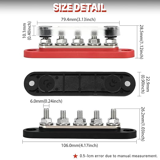 150A 12V Power Distribution Block with 5 x 1/4" (M6) Studs Max 150A 48V DC 300V AC for Automotive Car Marine Truck Boat