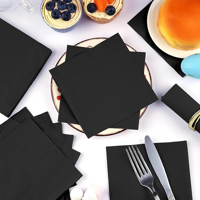 100 Pack Cocktail Napkins Disposable, 2-Ply 5" x 5" Party Napkins, Square Beverage Dinner Napkin for Wedding Birthday Party Anniversary Reception Bar Event (Black)