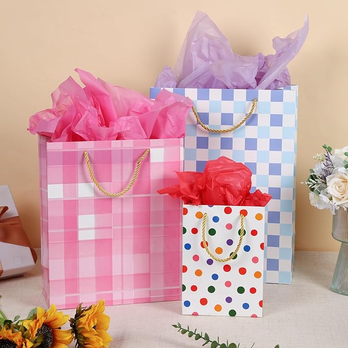 OUTUXED 12pcs Paper Gift Bags Assorted Sizes with Tissue, Birthday Gift Bags 3 Sizes (4 Medium/4 Large/4 Extra Large) - For Birthday, Baby Showers, Party & Wedding