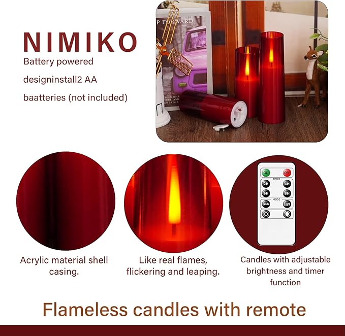 Flickering Flameless LED Candles 7Pcs, Realistic Dancing Flame with Remote & Timer, Acrylic Electric Pillar Candles for Festivals Decor (Red)