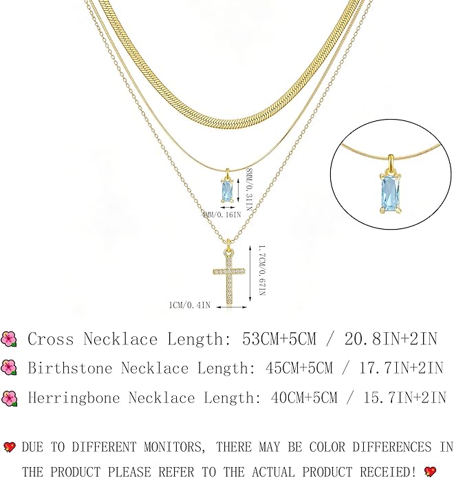 3Pcs Gold Layered Necklaces for Women, 14K Gold Plated Cross Necklace, Dainty Birthstone Necklace for Women, Herringbone Gold Necklaces Set, Stackable Women's Gold Pendant Necklaces Jewelry Set