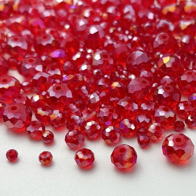 600pcs Crystal Glass Beads 3mm 4mm 6mm 8mm 10mm Rondelle Faceted Crystal Beads Spacer Beads for Necklace Bracelet Earrings DIY Jewelry Crafts Making Supplies(Red AB)