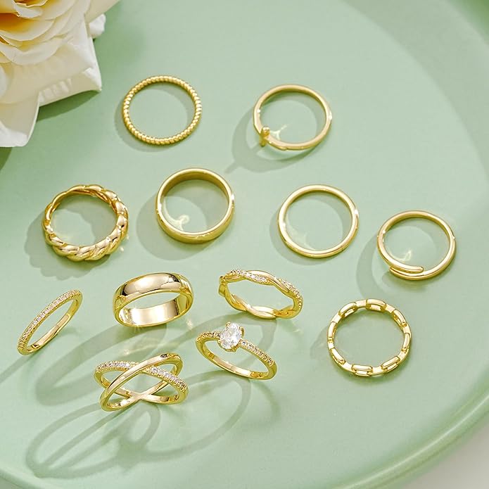 FAXHION 12 PCS Dainty 14K Gold Rings for Women, Eternity Open Chunky Twist Simulated Diamond Criss Cross Designs, Non Tarnish Gold Plated Stacking Thumb Ring, Perfect for Wedding Bands Size 5-11