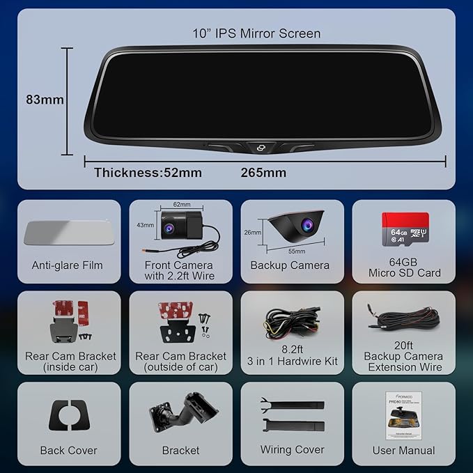 PORMIDO OEM 2K Rear View Mirror Camera,10" Mirror Dash Cam with Detached Front Backup Camera, Smart Full Touchscreen Rearview WDR Dashcam with Built-in GPS,64GB Card,Parking Monitor,Night Vision