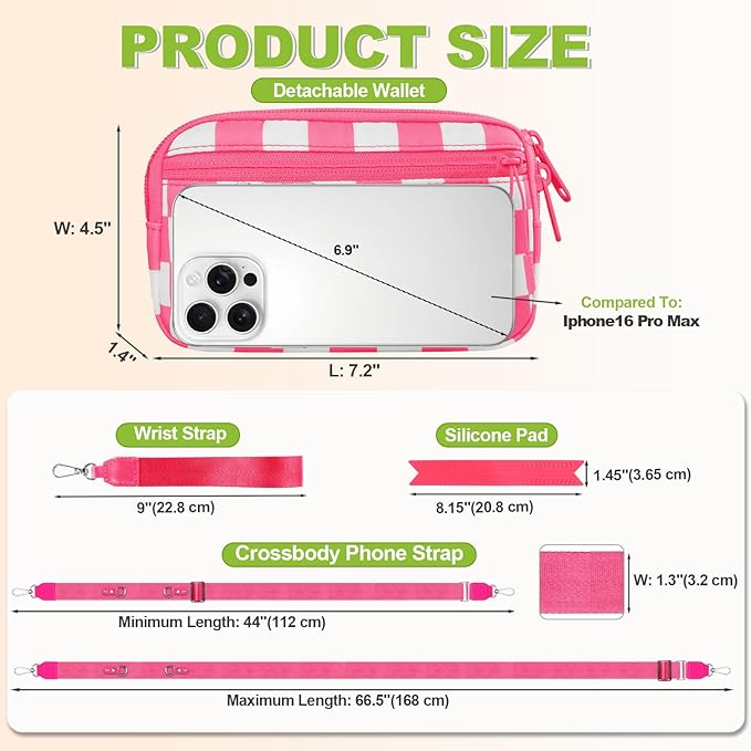 Clip and Go Strap for Phone with Wallet Crossbody, Adjustable Phone Lanyard with Detachable RFID Wristlet Wallet, Phone Strap with Phone Tabs for All Phones, Pink Checkered (L)