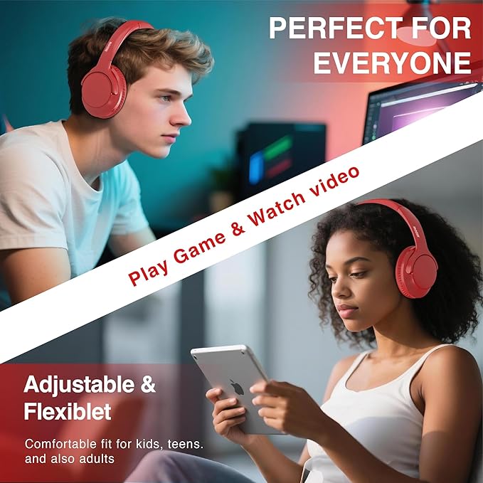 MIDOLA Bluetooth Headphones Over Ear 68H Playtime 6 EQ Wireless Headset with Microphone HiFi Stereo Foldable Lightweight Deep Bass for Travel Home Office Cellphone Red