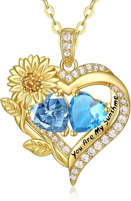 Sunflower Heart Necklace for Women 14K Gold Exquisite Valentines Day Anniversary Birthday Gifts for Wife Mother Her Double Birthstone Pendant Jewelry‘You Are My Sunshine’