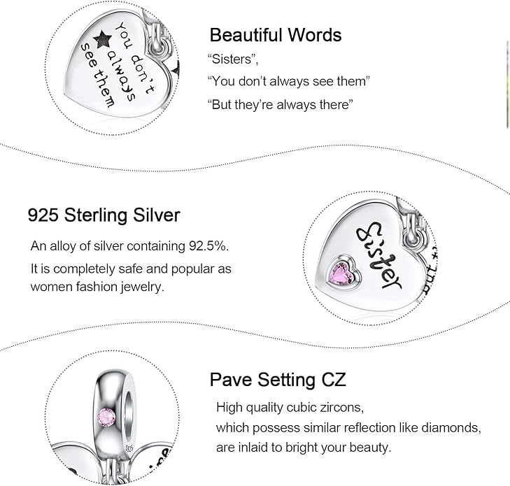 JIAYIQI Mother Sister Daughter Wife Charms Fit Charms Bracelet Necklace with Double Heart Love Charms 925 Sterling Silver Beads for Women Jewelry
