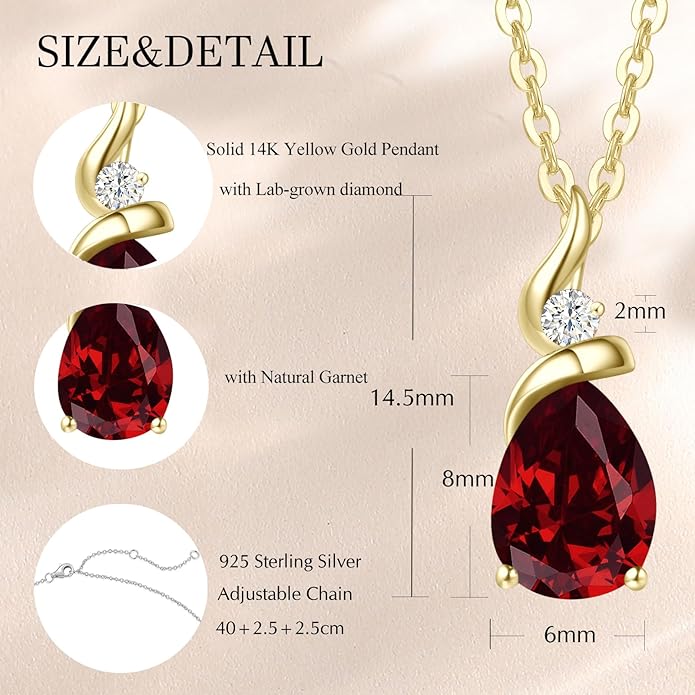 FANCIME 14K Solid Yellow Gold Birthstone Pendant Necklace for Women with Diamond Pear Shaped Teardrop Necklace Birthday Gifts for Mom Women Sterling Silver Chain 16" + 2" Extender