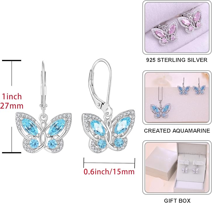 Starchenie Butterfly Earrings for Women 925 Sterling Silver Leverback Earrings Birthstone Butterfly Jewelry Gifts