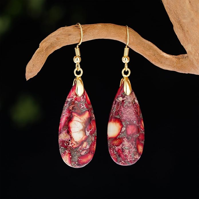 Boho Women Natural Stone Earrings Unique Healing Imperial Jasper Gemstone Energy Hypoallergenic Lightweight Dangle Drop Earrings Multiple Styles Earrings Jewelry for Birthday Party Gift