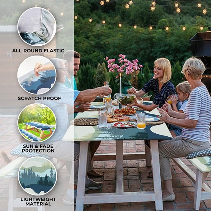 RNOONY 6ft Polyester Picnic Table Cover with Bench Covers Windproof & Waterproof Tablecloth, Perfect for Camping Gifts & RV Essentials, Cool Camping Gadgets, with Carrying Bag, 72x30 Inches, 4Pcs,Blue