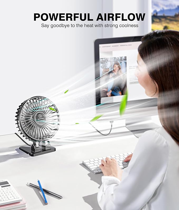 JZCreater USB Desk Fan, Mini Portable, 3 Speeds Desktop Table Cooling, Plug in Power, Rotation Strong Wind, Quiet Personal Small for Home Office Travel Bedroom, Black