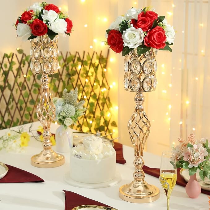 Artificial Roses Flowers, 2 Pcs Flower Ball Arrangement Bouquets 15 Heads Plastic Roses with Base, Perfect for Wedding Party Valentines Table Decoration, Home Décor, Wedding Centerpieces（Red White）