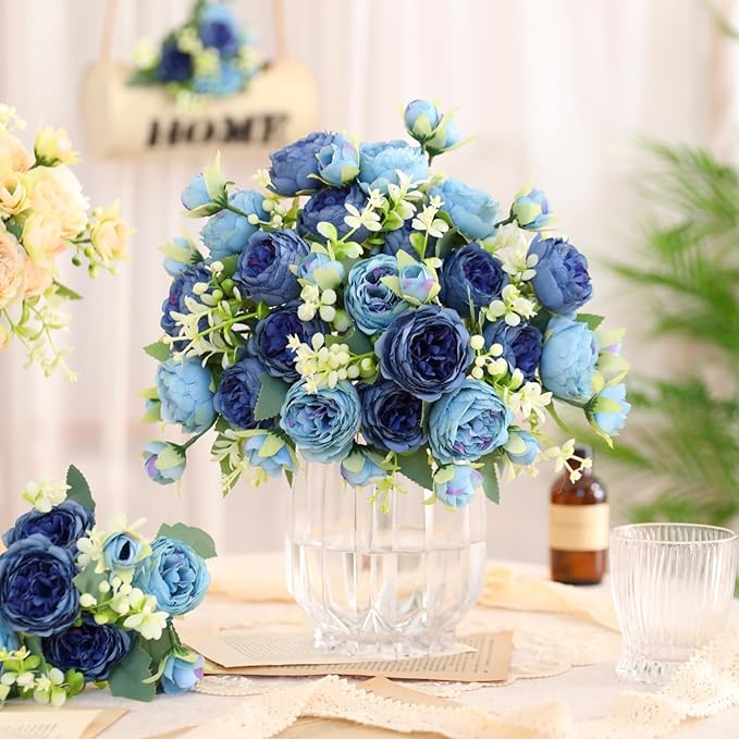 Floweroyal 4 Bunches Peony Artificial Flowers Teal Blue Flowers Silk Peonies Bouquets for Wedding Party Table Centerpieces Floral Arrangement Home Kitchen Decor