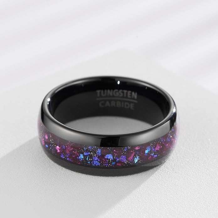 Women‘s Solid Opal-Effect Band Ring, Multicolor Inlay on Black Tungsten, 8mm Wide Substantial Ring