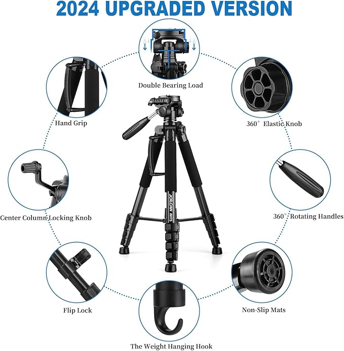 JOILCAN Tripod Camera Tripods, 74" Tripod for Camera Phone Video Recording, Heavy Duty Cameras Tripod Stand, Professional Travel DSLR Tripods Compatible with Canon iPhone, Max Load 15 LB