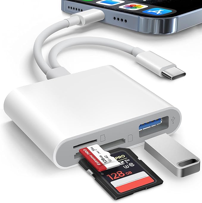 SD Card Reader for iPhone iPad Built-in Dual Cords (Lightening, USB-C) Card Reader with SD MicroSD USB-A 3 Slots Trail Camera Memory Card Viewer Portable No App Required Plug and Play - White