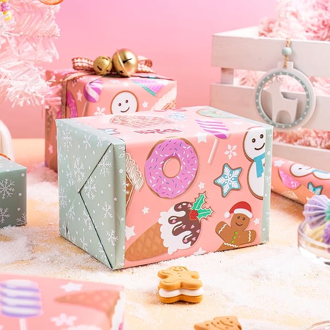 RUSPEPA Christmas Reversible Wrapping Paper Roll for Kids, Mini Roll, Gingerbread, Donut, Candy Cane Design and Light Green Snowflake, Ideal for Holiday Gifts and Christmas, 17 Inches x 16.4 Feet