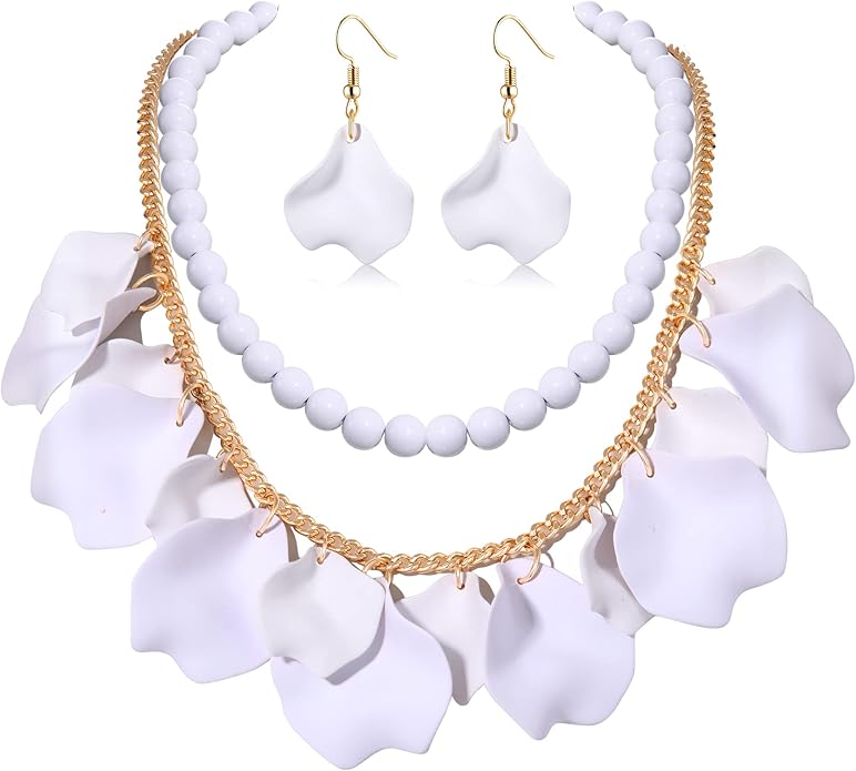Flower Petal Necklace Earrings Set Layered Statement Beaded Jewelry Set for Women Summer Necklace Earrings