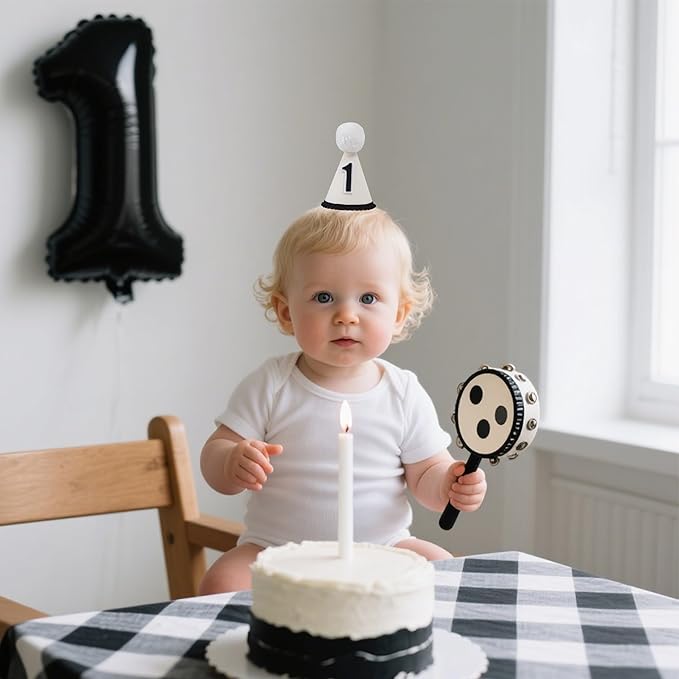 Brand Baby First Birthday Crown Hat, Black and White with Pom-poms, Small Size Party Headwear, Felt Material, Handmade, Suitable for Birthday Party Themes.