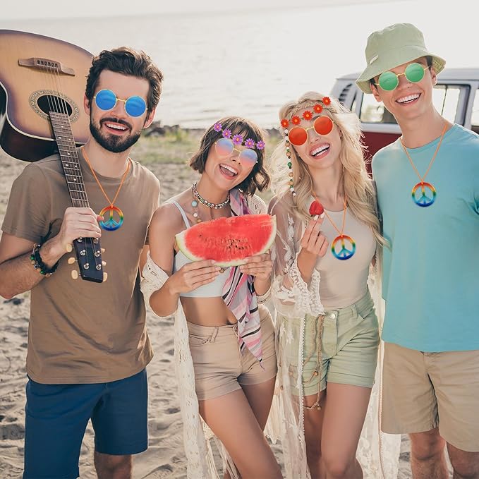 NEBURORA Hippie Costume Accessories Set 60s 70s Daisy Headband Peace Sign Necklaces Hippie Sunglasses for Carnival Party
