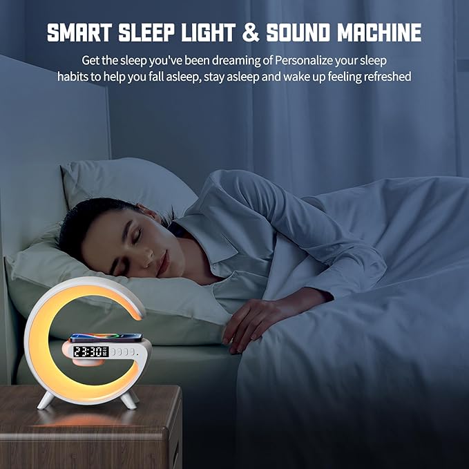 Mini LED Table Lamp with 4-in-1 Wireless Charger, Night Light, Sunrise Alarm Clock, Bluetooth Speaker, Smart Atmosphere Table Lamp for Bedroom, Office, Home Decor (White)