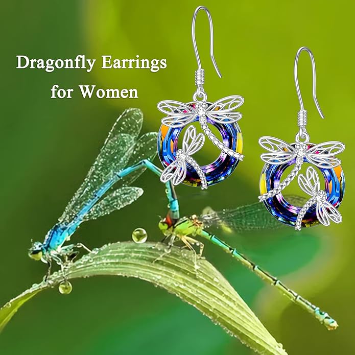 TOUPOP Dragonfly Gifts for Women Sterling Silver Dragonfly Earrings with Circle Crystal Dragonfly Dangle Drop Earrings Jewelry Gifts for Women Mom Birthday Christmas