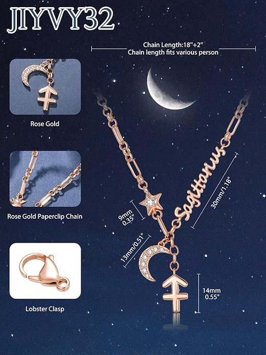 14K Gold/Rose Gold Zodiac Necklace for Women - Horoscope Constellation Pendant with Moon and Star, Luxury Birthday Gifts Jewelry for Her (12 Zodiac Signs)
