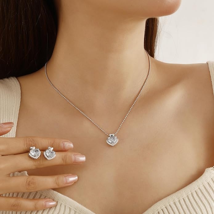 Love Heart Necklaces and Earrings with Rose Cut Birthstone Silver Plated Elegant Jewelry Set for Women CS0002