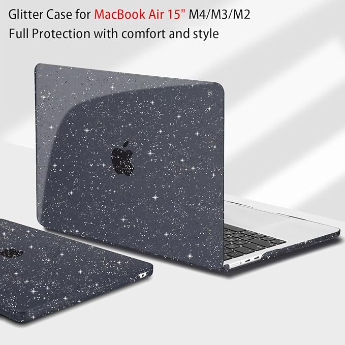 Teryeefi Sparkly Case for M4/M3/M2 MacBook Air 15 inch Case 2025 2024 2023 Model A3241/A3114/A2941, Laptop Hard Shell with Keyboard Cover&OTG Adapter& Screen Protector, Glitter Black