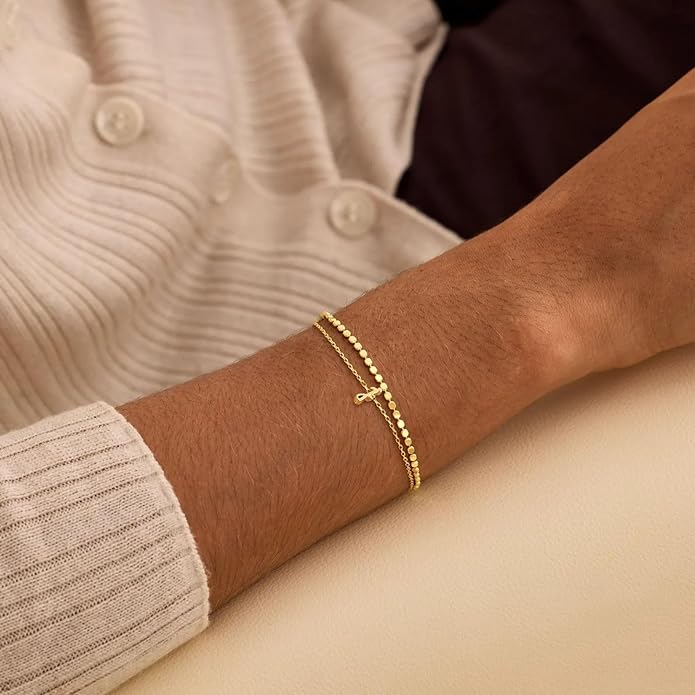Initial Bracelets for Women, Dainty 14K Gold Plated Layered Letter Bracelet, Trendy Charm Stackable Jewelry Valentines Day Gift for Her