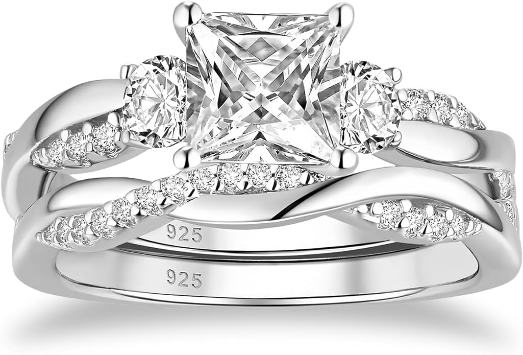 1 to 5 Carat Moissanite Ring Set S925/10K/14K/18K Gold, Princess Cut VVS1 Clarity D Color Moissanite Engagement Rings Set Luxury Bridal Jewelry Wedding Gifts for Women