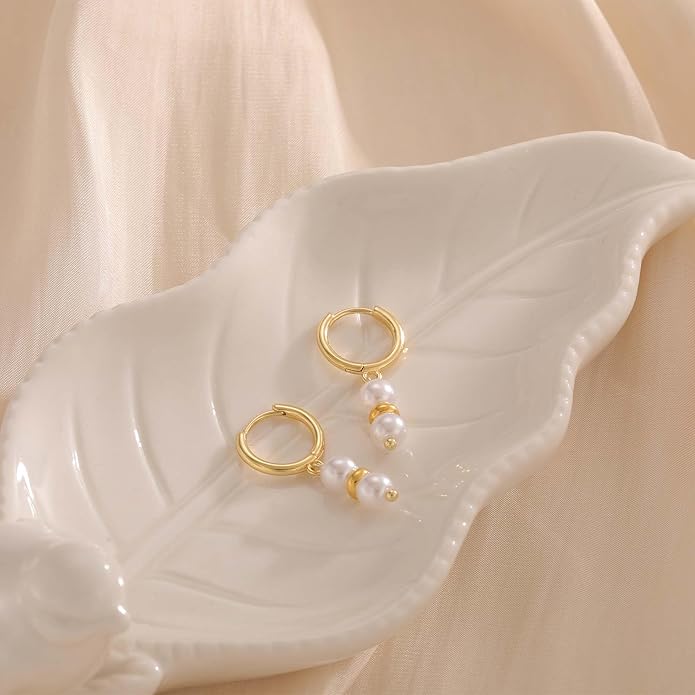 Gold Pearl Dangle Earrings for Women, 14K Gold Plated Small Pearl Drop Huggie Hoop Earrings, Hypoallergenic Dainty Gold Earrings Wedding Jewelry Gifts for Women Trendy