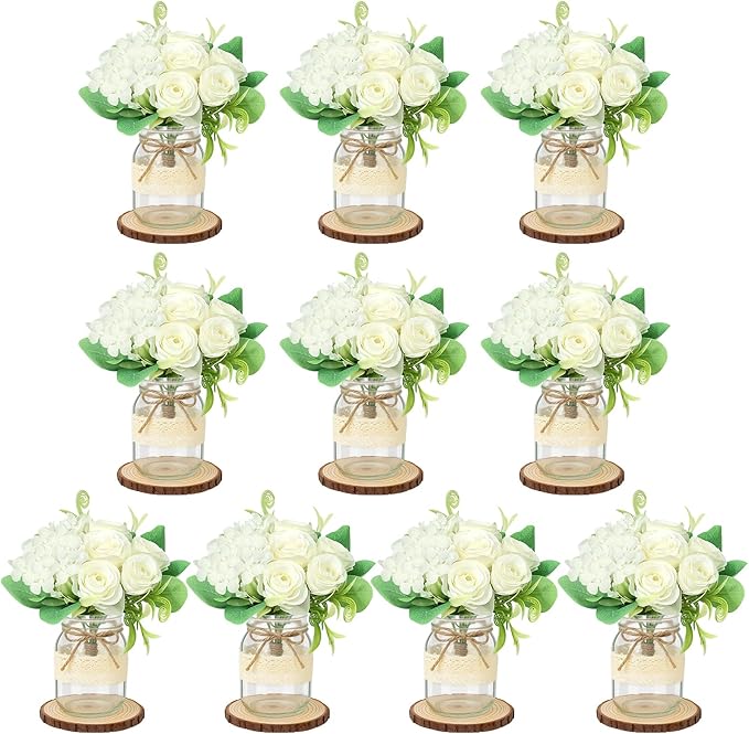 Set 10 Mason Jar Table Centerpiece - Wedding Centerpieces for Tables, Mason Jar Flower Centerpiece Vases Decor- Boho Farmhouse Rustic for Engagement, Bridal Shower, Wedding, Versatile Decor (White)