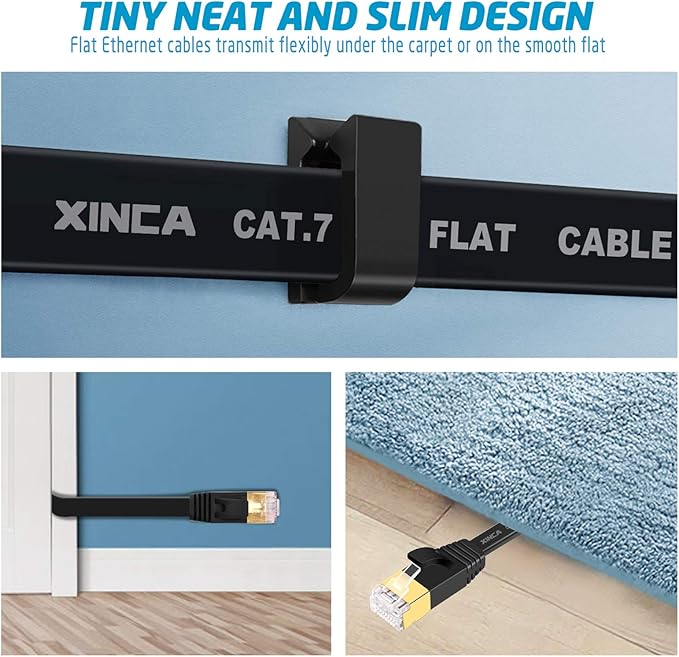 Cat 7 Flat Ethernet Cable 25ft Black, High Speed 10GB Shielded (STP) LAN Internet Network Cable Ethernet Patch Computer Cable with Rj45 Connectors and 10pcs Adhesive Cable Clips