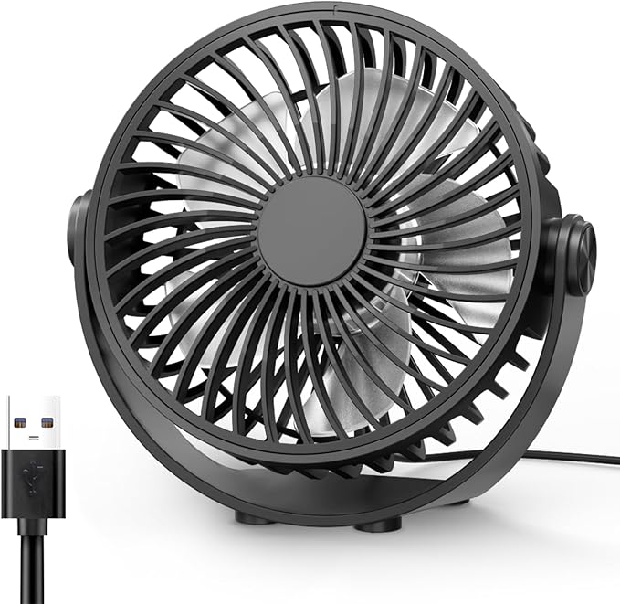 USB Desk Fan, 5 Inch Mini Portable, 3 Speeds Strong Airflow Personal Desktop, Detachable Cooling Fan 360° Rotation Quiet Small Fan for Desk Home Office Travel Car, Black, 5ft Cable