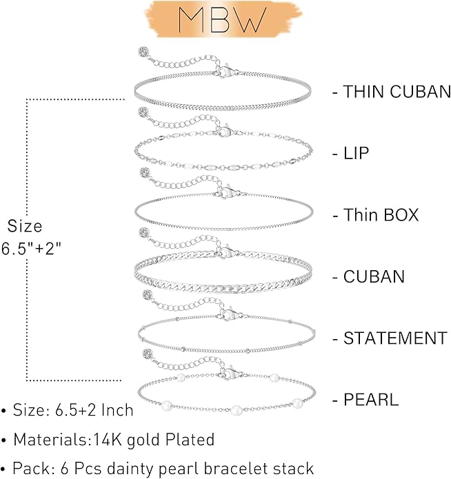 MBW Gold Bracelets for Women Trendy, Dainty 14K Gold Plated Bracelet Stack Beaded Chain Bracelet Set Thin Small Cute Paperclip Bracelets Fashion Waterproof Jewelry Gift Gold Accessories for Women