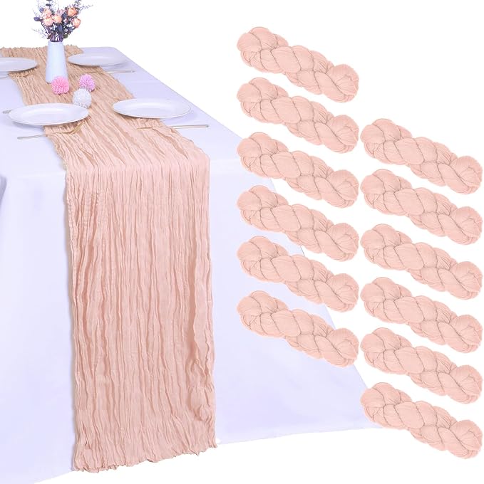 RestfulGlow12 Pack Blush Pink Cheesecloth Table Runner 10FT Boho Gauze Fabric Table Runner 35 x 120 Inch Rustic Sheer Runner for Centerpiece Wedding Birthday Baby Shower Party Boho Table Decoration