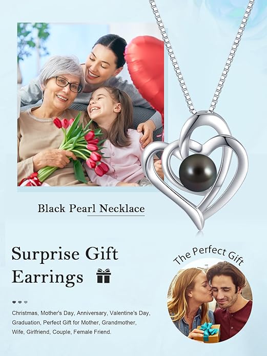 Tahitian Black Pearl 18K White Gold Plated Sterling Silver Heart/Infinity/Four Leaf Clover Pendant Necklace Jewelry Gifts for Women Wife Mom Girlfriend Wedding Birthday Anniversary Christmas