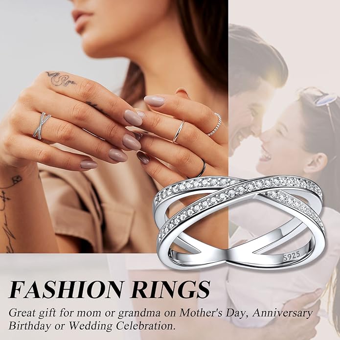 Bestyle 925 Sterling Silver Simulated Diamond CZ Criss Cross Ring for Women, Infinity Love Statement Rings CZ Eternity Engagement Wedding Band Ring for Her