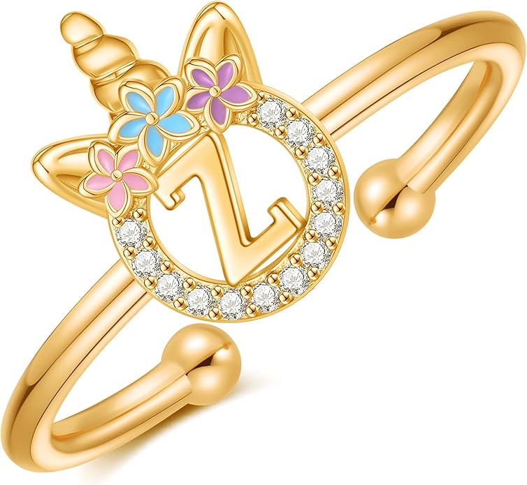 Unicorn Rings Gifts for Girls - Adjustable Initial Ring Dainty Cute Unicorn Rings for Girl Teens Little Girls Jewelry Birthday Gift