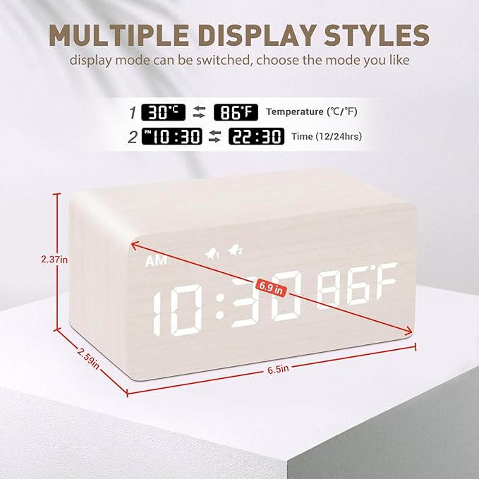 MOSITO Digital Wooden Alarm Clock with Wireless Charging, 0-100% Dimmer, Dual Alarm, Weekday/Weekend Mode, Snooze, Wood LED Clocks for Bedroom, Bedside, Desk, Kids (White)
