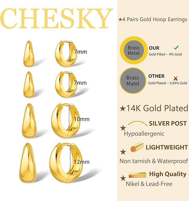 CHESKY 4 Pairs Small Huggie Hoop Earrings for Women - Chunky 14K Gold Plated/Silver Plated Lightweight Earring Stacks Cartilage Hoop Earrings Set for Multiple Piercing Trendy Jewelry