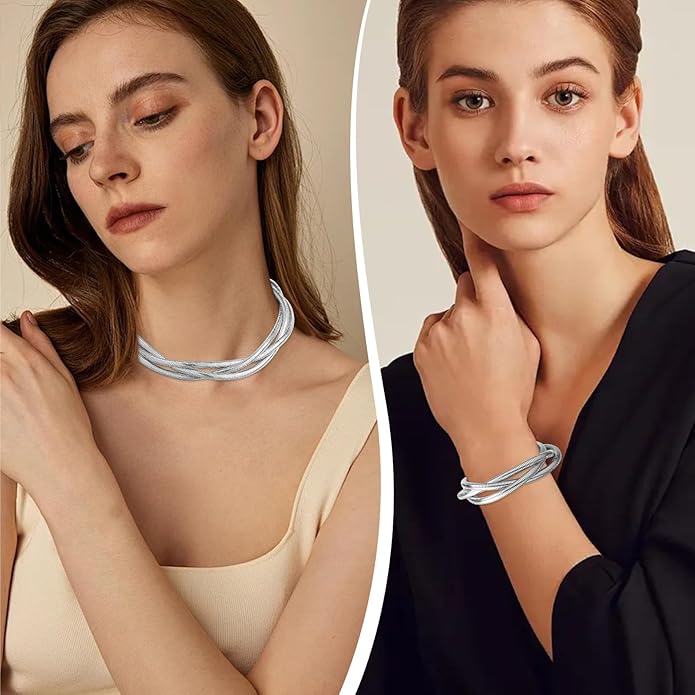 YBMYCM Chunky Gold-plated Silver Jewelry Set Multi Strands Stainless Steel Choker Necklace Bracelet Set for Women