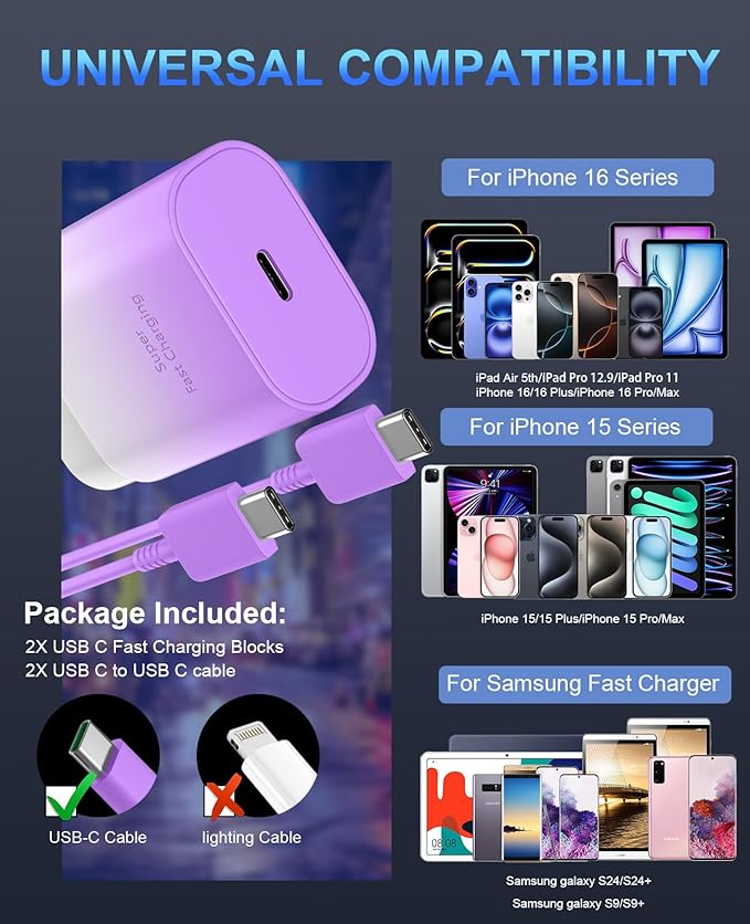 Phone 15 Charger Fast Charging,30W USB C Wall Chargers,Phone 15 Pro Max Charger Block &10FT Long USB C Cable Cord for Phones 15/15 Pro Max/15 Pro/15 Plus/Pro 12.9,S24 Ultra Plus,Purple Gradient