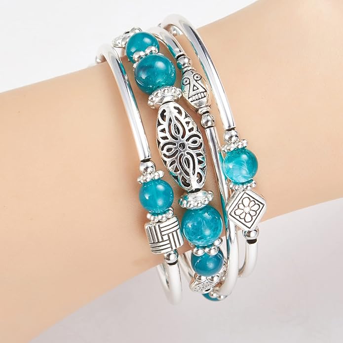 BULINLIN Layered Wrap Bangle Turquoise Bracelet - Bead Bracelet with Natural Agate Stone, Gifts For Women