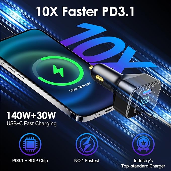 170W PD3.1 Car Charger with LED Voltage Display, USB-C Cigarette Lighter Adapter Fast Charging (140W+30W) for iPhone 16 Pro Max/Samsung S25 Ultra/MacBook/Drones/Laptops, 12V-24V Vehicle