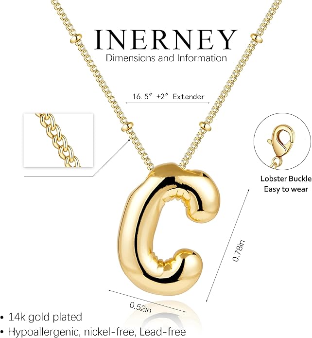 Inerney Valentines Day Gifts Gold Bubble Letter Necklace Initial Necklaces for Women, Chunky 14K Plated Balloon Initials, Trendy Charm Non Tarnish Custom Name Pendant Jewelry Gifts for Mom